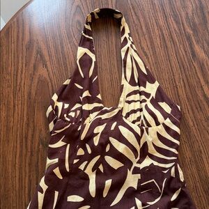 Brown & Cream Tropical Print Mini Dress - Sleeveless V-Neck
